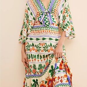 FARM Rio White and Green Maxi Sundress with V-Neck and Dolman Sleeves